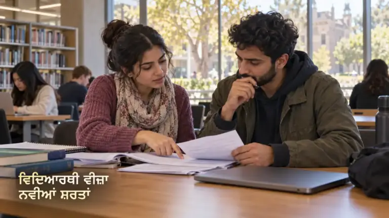 ਵਿਦਿਆਰਥੀ ਅਤੇ ਸਾਥੀ ਮੇਜ਼ ਉੱਤੇ ਵੀਜ਼ਾ ਅਤੇ ਪੜ੍ਹਾਈ ਦੇ ਦਸਤਾਵੇਜ਼ ਵੇਖਦੇ ਹੋਏ