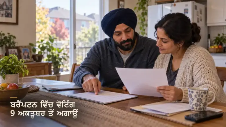 ਬਰੈਂਪਟਨ ਦੀ ਵੋਟਿੰਗ ਲਈ ਸਿੱਖ ਪਰਿਵਾਰ ਕਾਗਜ਼ ਜਾਂਚਦਾ ਹੋਇਆ, ਸੰਕੇਤਕ ਦ੍ਰਿਸ਼