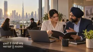 ਦੁਬਈ ਦੇ ਸ਼ਹਿਰੀ ਦ੍ਰਿਸ਼ ਵਾਲੀ ਕੰਮਕਾਜੀ ਥਾਂ ਵਿੱਚ ਪੰਜਾਬੀ ਪੇਸ਼ੇਵਰ ਸੱਭਿਆਚਾਰਕ ਯੋਜਨਾ ਉੱਤੇ ਗੱਲ ਕਰਦੇ ਹੋਏ