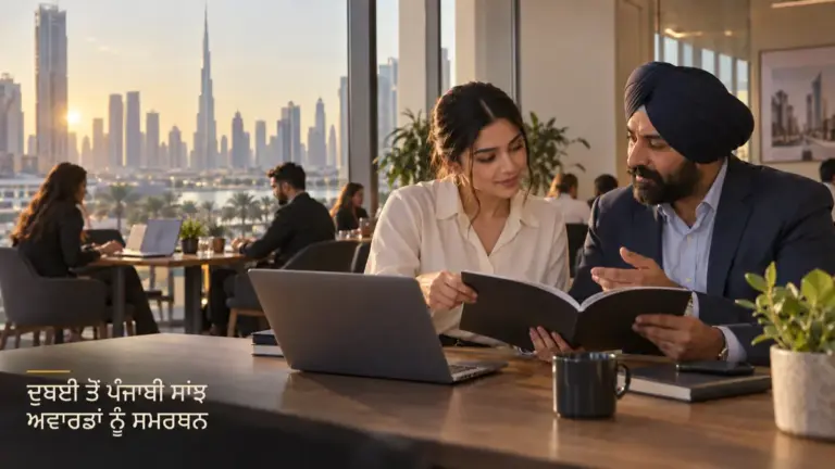 ਦੁਬਈ ਦੇ ਸ਼ਹਿਰੀ ਦ੍ਰਿਸ਼ ਵਾਲੀ ਕੰਮਕਾਜੀ ਥਾਂ ਵਿੱਚ ਪੰਜਾਬੀ ਪੇਸ਼ੇਵਰ ਸੱਭਿਆਚਾਰਕ ਯੋਜਨਾ ਉੱਤੇ ਗੱਲ ਕਰਦੇ ਹੋਏ