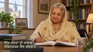 ਕਰੀਮ ਰੰਗ ਦੇ ਦੁਪੱਟੇ ਵਿੱਚ Trishna Singh ਕਿਤਾਬ ਪੜ੍ਹਦੀਆਂ ਅਤੇ ਨੋਟ ਲਿਖਦੀਆਂ ਹੋਈਆਂ, ਸੰਕੇਤਕ ਦ੍ਰਿਸ਼