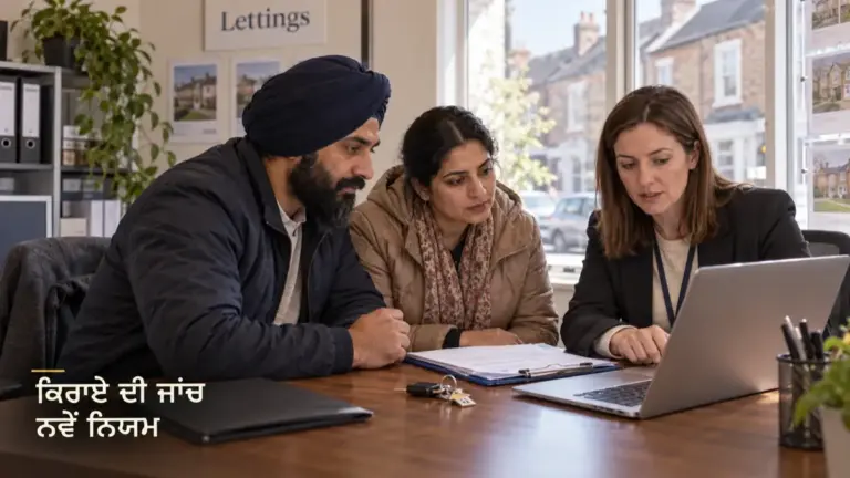 ਇੰਗਲੈਂਡ ਦੇ ਦਫ਼ਤਰ ਵਿੱਚ ਪੰਜਾਬੀ ਜੋੜਾ ਅਤੇ ਮਕਾਨ ਏਜੰਟ ਦਸਤਾਵੇਜ਼ ਵੇਖਦੇ ਹੋਏ