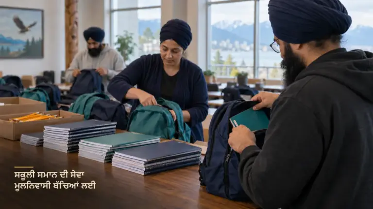 ਕੈਨੇਡਾ ਵਿੱਚ ਸਿੱਖ ਸੇਵਾਦਾਰ ਮੇਜ਼ ਉੱਤੇ ਕਾਪੀਆਂ ਅਤੇ ਪੈਨਸਿਲਾਂ ਨਾਲ ਸਕੂਲ ਬੈਗ ਤਿਆਰ ਕਰਦੇ ਹੋਏ, ਸੰਕੇਤਕ ਦ੍ਰਿਸ਼