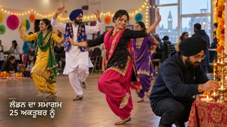 ਲੰਡਨ ਦੇ ਭਾਈਚਾਰਕ ਹਾਲ ਵਿੱਚ ਰੰਗੀਨ ਪਹਿਰਾਵਿਆਂ ਵਾਲੇ ਲੋਕ ਨਾਚ ਦੀ ਤਿਆਰੀ ਕਰਦੇ ਹੋਏ