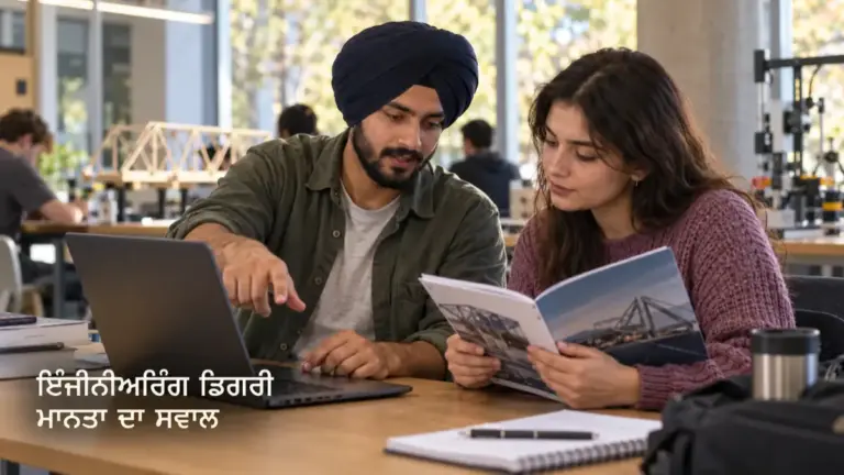 ਵਿਦਿਆਰਥੀ ਲੈਪਟਾਪ ਅਤੇ ਕੋਰਸ ਦੇ ਕਾਗਜ਼ਾਂ ਨਾਲ ਪੇਸ਼ਾਵਰ ਮਾਨਤਾ ਦੀ ਜਾਣਕਾਰੀ ਵੇਖਦੇ ਹੋਏ