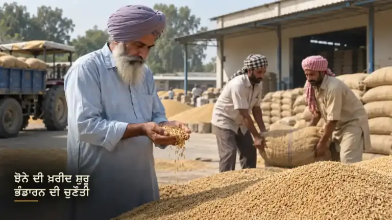 ਮੰਡੀ ਵਿੱਚ ਝੋਨੇ ਦੀਆਂ ਬੋਰੀਆਂ ਸੰਭਾਲਦੇ ਕਾਮੇ ਅਤੇ ਫ਼ਸਲ ਦੇਖਦਾ ਕਿਸਾਨ