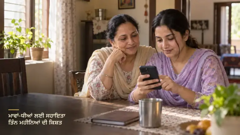 ਪੰਜਾਬੀ ਔਰਤਾਂ ਘਰ ਵਿੱਚ ਮੋਬਾਈਲ ਉੱਤੇ ਬੈਂਕ ਖਾਤੇ ਦੀ ਜਾਣਕਾਰੀ ਵੇਖਦੀਆਂ ਹੋਈਆਂ, ਸੰਕੇਤਕ ਦ੍ਰਿਸ਼