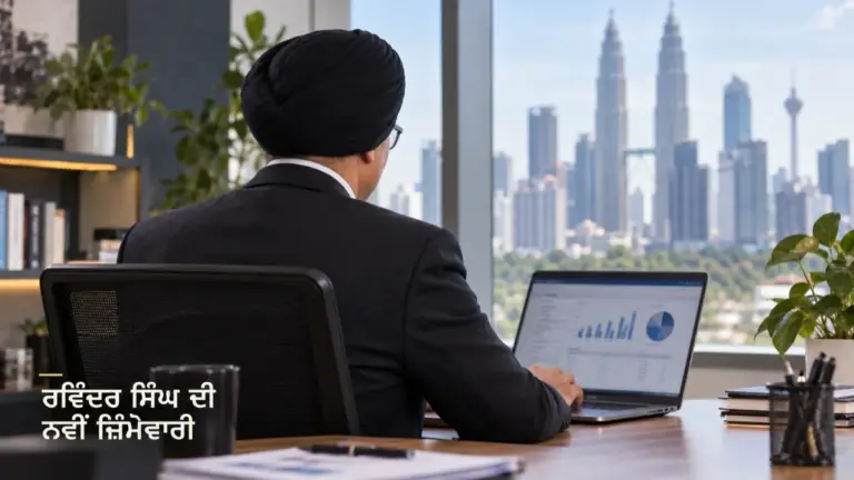 ਕਾਲੀ ਪੱਗ ਅਤੇ ਸੂਟ ਵਾਲਾ ਸਿੱਖ ਪੇਸ਼ੇਵਰ ਦਫ਼ਤਰ ਵਿੱਚ ਲੈਪਟਾਪ ਨਾਲ, ਪਿੱਛੋਂ ਦਾ ਦ੍ਰਿਸ਼