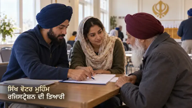 ਸਿੱਖ ਸੇਵਾਦਾਰ ਭਾਈਚਾਰਕ ਹਾਲ ਵਿੱਚ ਵੋਟਰ ਰਜਿਸਟ੍ਰੇਸ਼ਨ ਦੀ ਜਾਣਕਾਰੀ ਸਮਝਾਉਂਦੇ ਹੋਏ