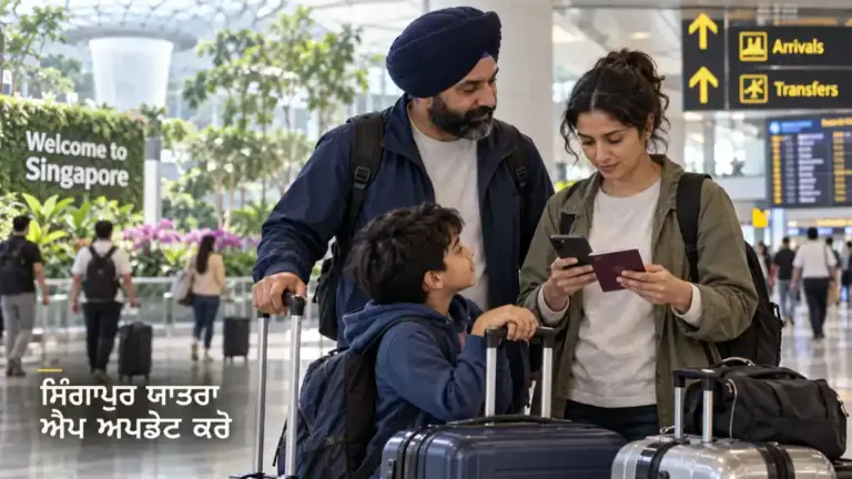 ਹਵਾਈ ਅੱਡੇ ਉੱਤੇ ਪੰਜਾਬੀ ਪਰਿਵਾਰ ਦੀ ਔਰਤ ਪਾਸਪੋਰਟ ਅਤੇ ਫ਼ੋਨ ਨਾਲ ਯਾਤਰਾ ਜਾਣਕਾਰੀ ਭਰਦੀ ਹੋਈ