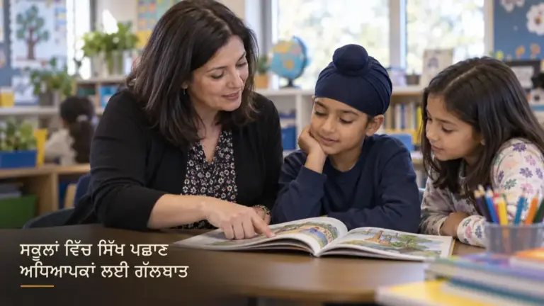 ਅਧਿਆਪਿਕਾ ਪਟਕਾ ਬੰਨ੍ਹੇ ਸਿੱਖ ਵਿਦਿਆਰਥੀ ਅਤੇ ਹੋਰ ਬੱਚੇ ਨਾਲ ਕਲਾਸ ਵਿੱਚ ਕਿਤਾਬ ਵੇਖਦੀ ਹੋਈ