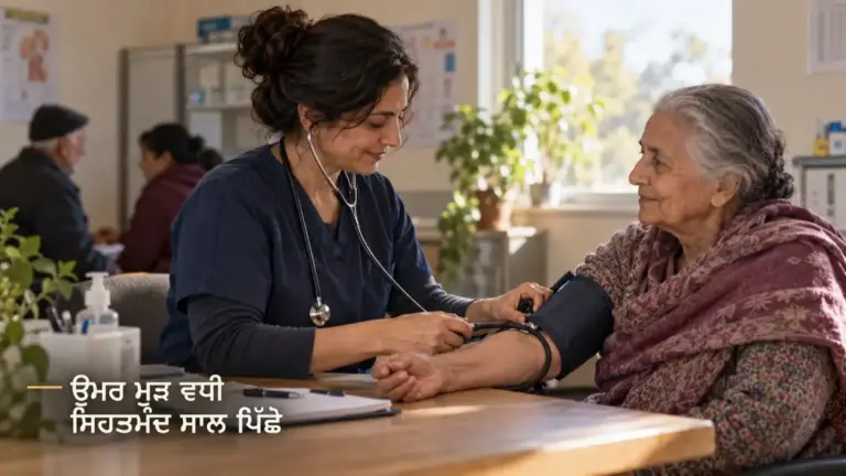 ਡਾਕਟਰ ਇੱਕ ਬਜ਼ੁਰਗ ਔਰਤ ਦਾ ਬਲੱਡ ਪ੍ਰੈਸ਼ਰ ਮਾਪਦਾ ਹੋਇਆ, ਸਿਹਤਮੰਦ ਜੀਵਨ ਦਾ ਸੰਕੇਤਕ ਦ੍ਰਿਸ਼