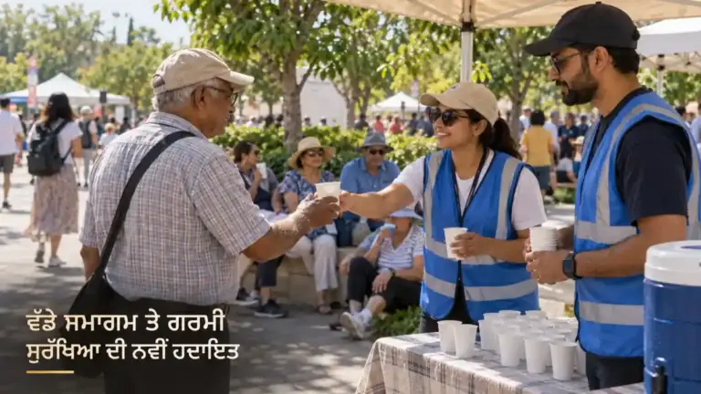 ਖੁੱਲ੍ਹੇ ਸਮਾਗਮ ਵਿੱਚ ਛਾਂ ਹੇਠ ਲੋਕਾਂ ਨੂੰ ਪਾਣੀ ਦਿੰਦੇ ਸੇਵਾਦਾਰ